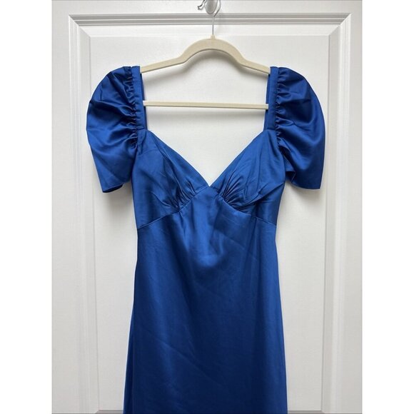 MAC DUGGAL Size 6 Blue Satin Empire Waist Puff Sleeve Formal Gown Dress New $498 - Picture 5 of 10